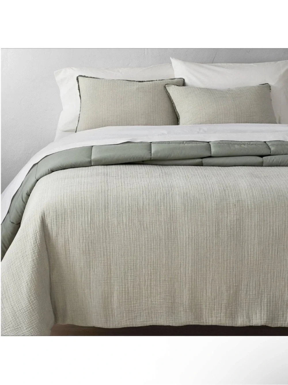 NWT Full/Queen Textured Chambray Cotton Comforter & Sham Set Sage Green Casaluna